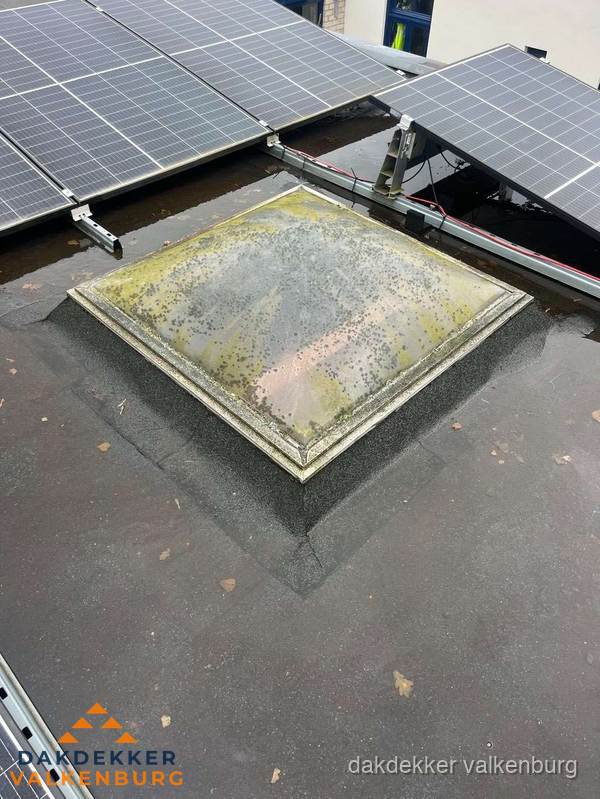 Vervuilde lichtkoepel op plat dak met zonnepanelen in Valkenburg Vervuilde lichtkoepel op plat dak met zonnepanelen in Valkenburg